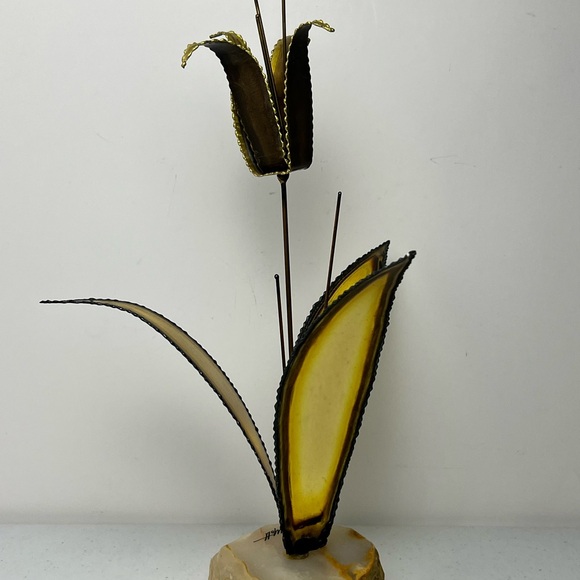 MCM Brutalist Floral Sculpture Brass Copper Signed John DeMott Onyx Base - Picture 6 of 15